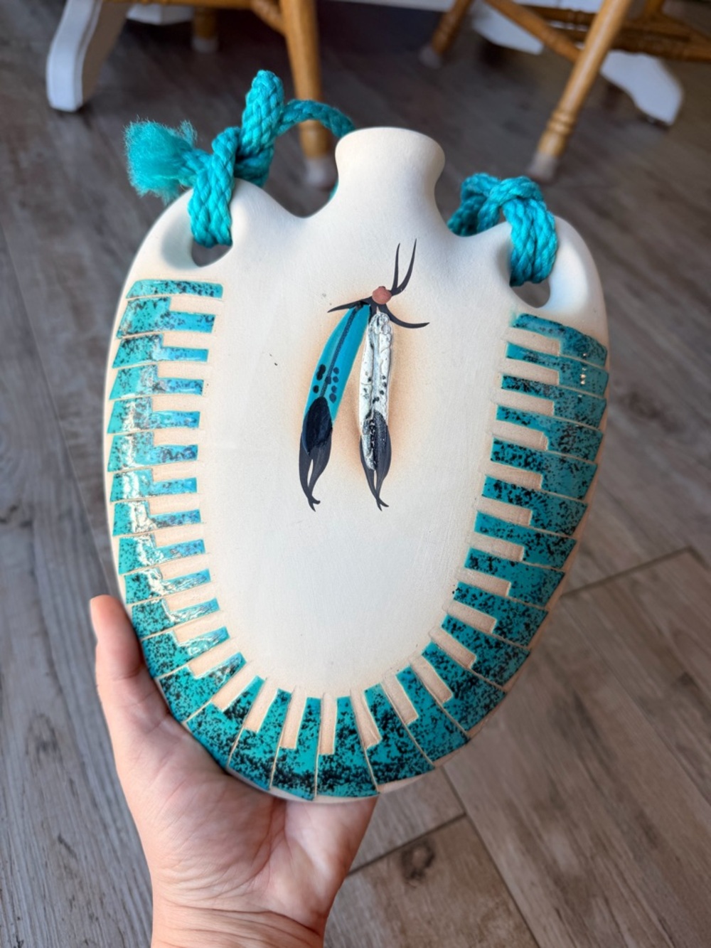 Vintage Native American Pueblo Style Turquoise Feather Pottery Wal Art Water Jug